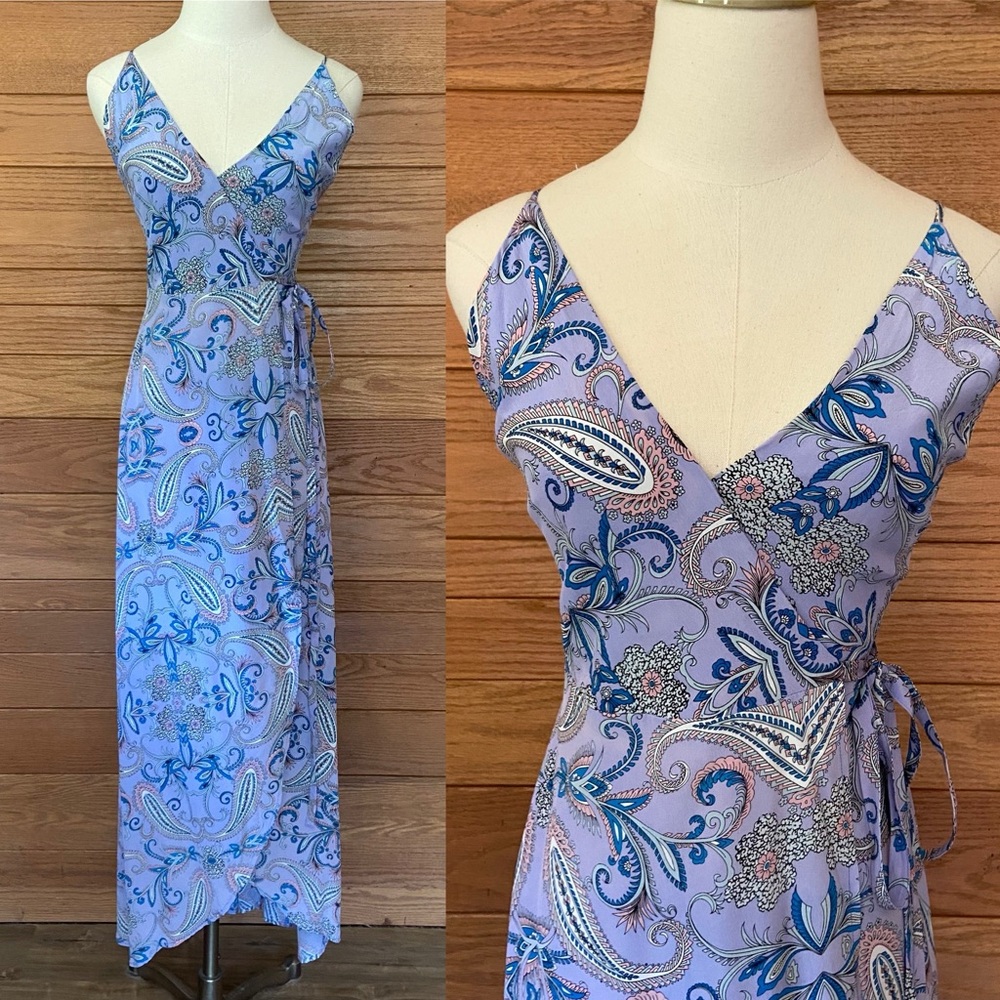 Yumi Kim silk wrap maxi dress lavender blue paisley floral
